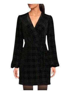 GIANNI BINI Black Faux Velvet Long Sleeve Houndstooth Wrap Mini Dress, Size S.